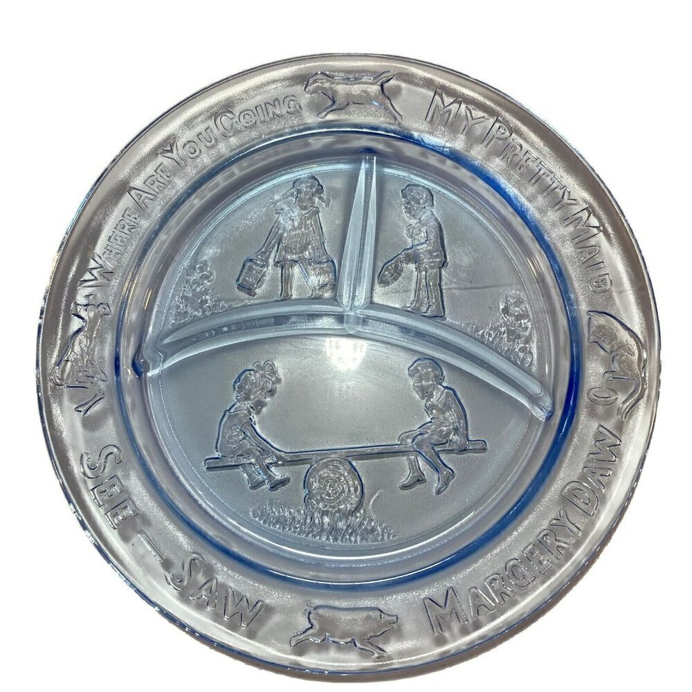Vintage‎ See-Saw Margery Daw Divided Plate Dish Child's Teal Blue Glass